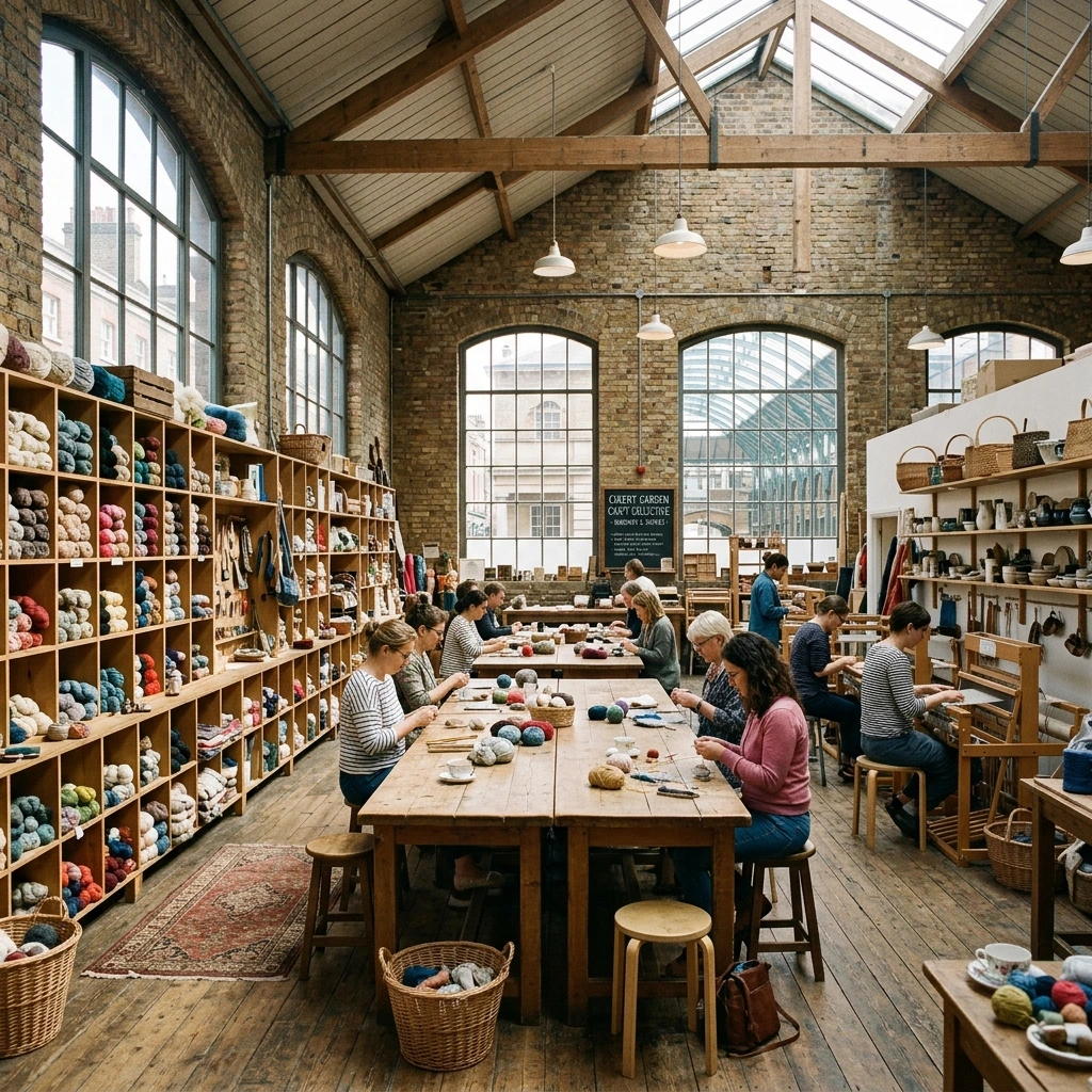 Sunlit London craft workshop with wooden tables and shelves of colorful wool yarn skeins