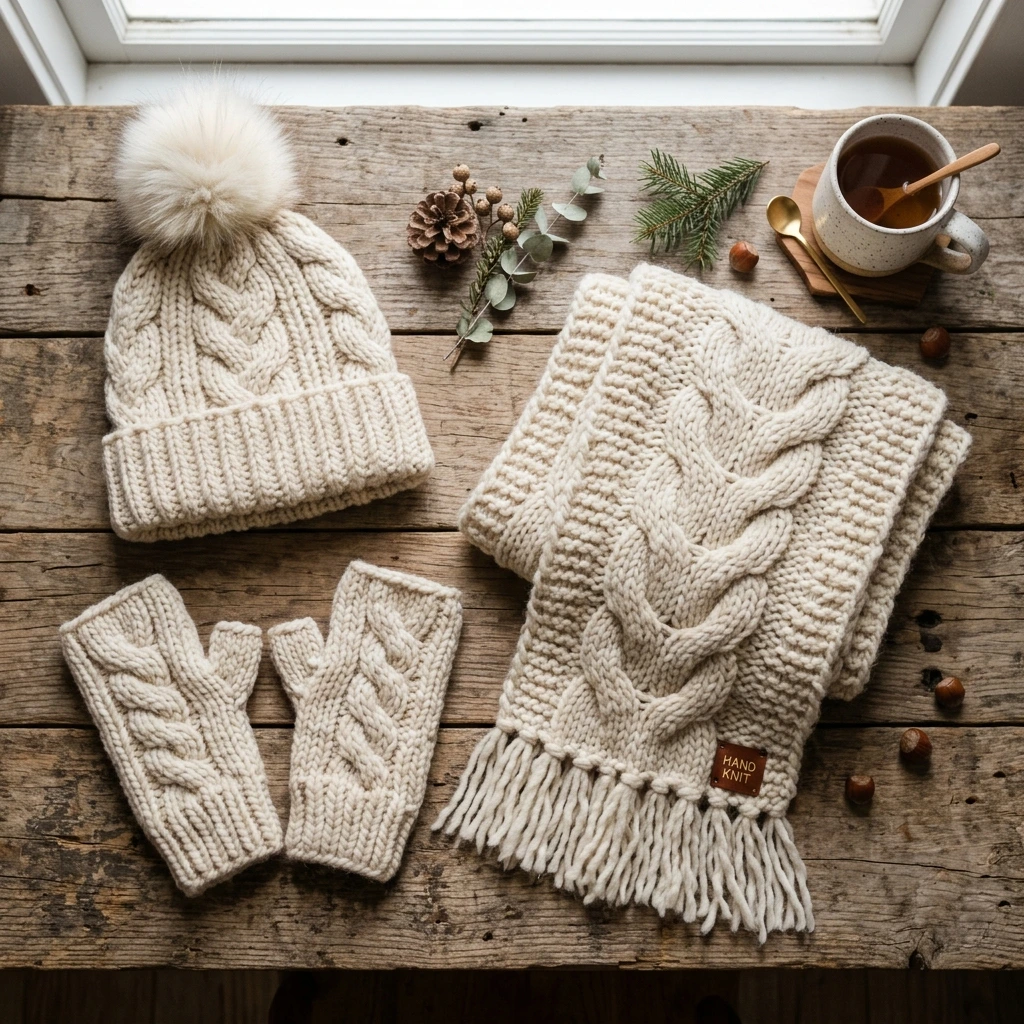 Flatlay of hand knitted woolen scarf and beanie on oak table