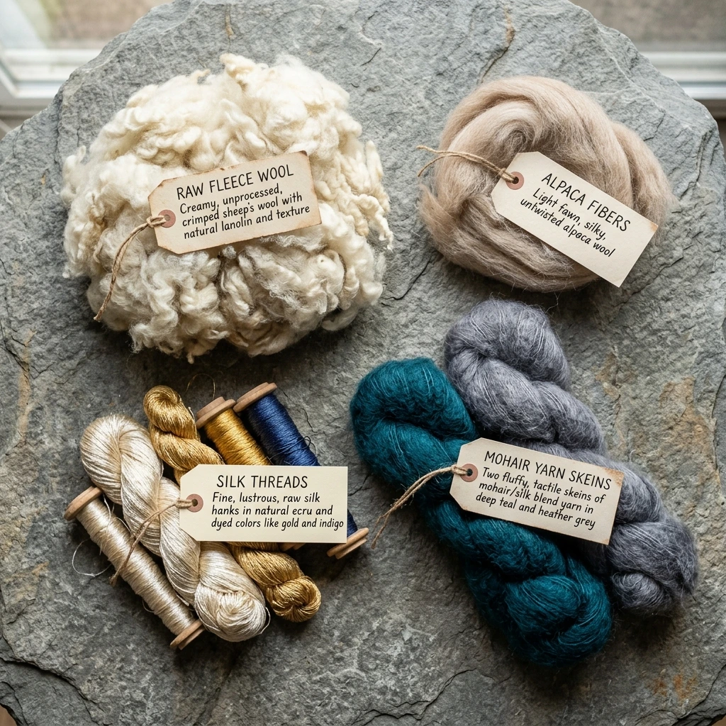 Collection of raw wool fibers and yarn skeins