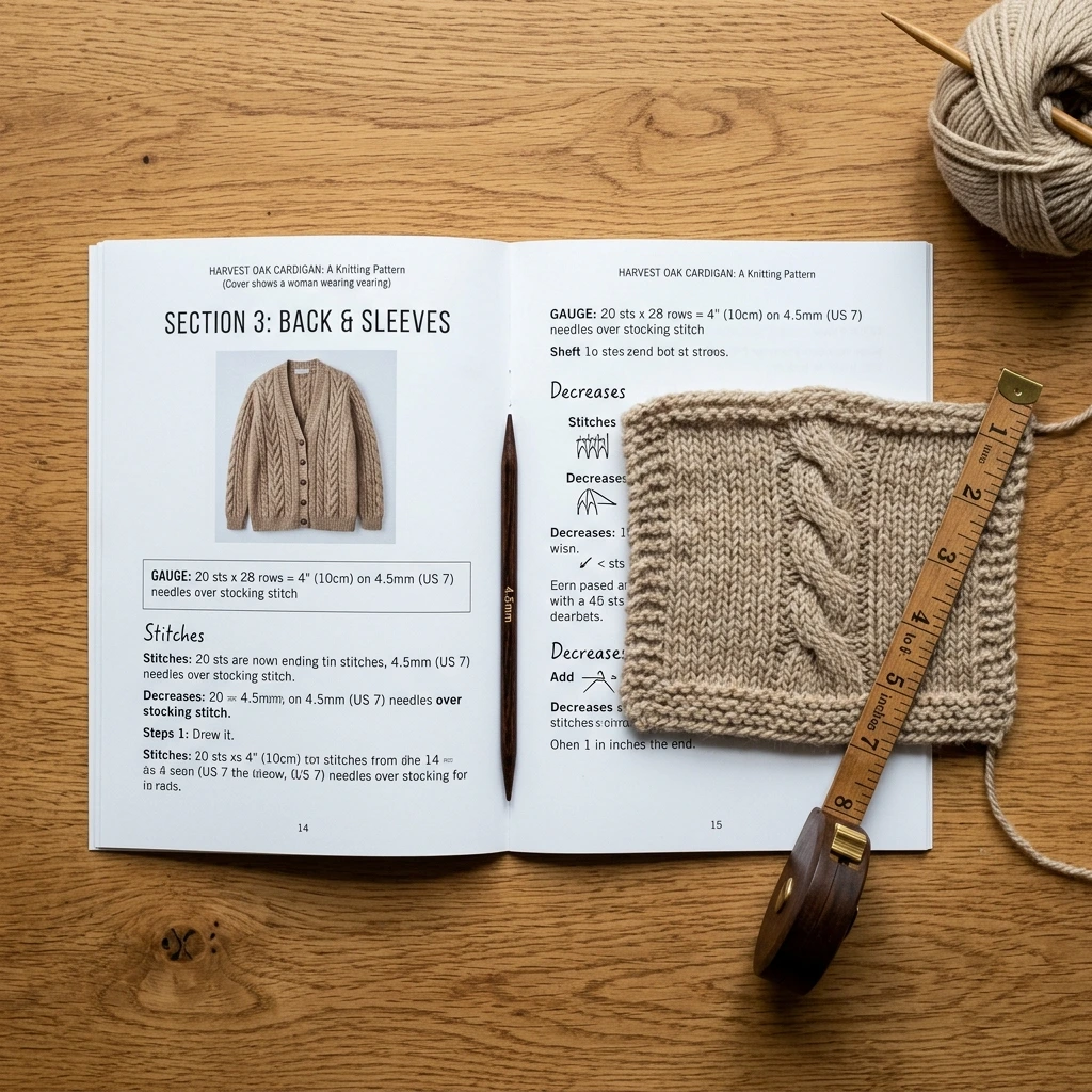 Cardigan knitting pattern booklet with swatch