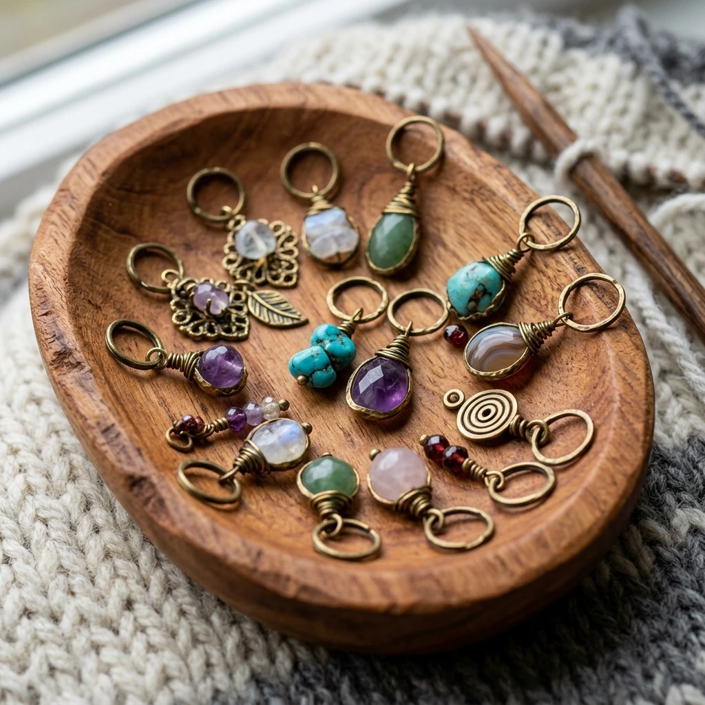 Artisan brass stitch markers set in wooden dish