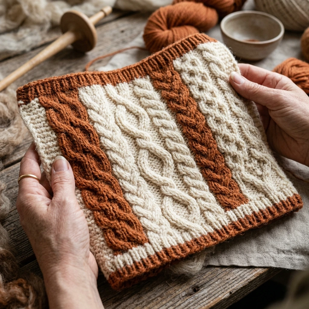 Advanced cable knit swatch demonstration in cream wool