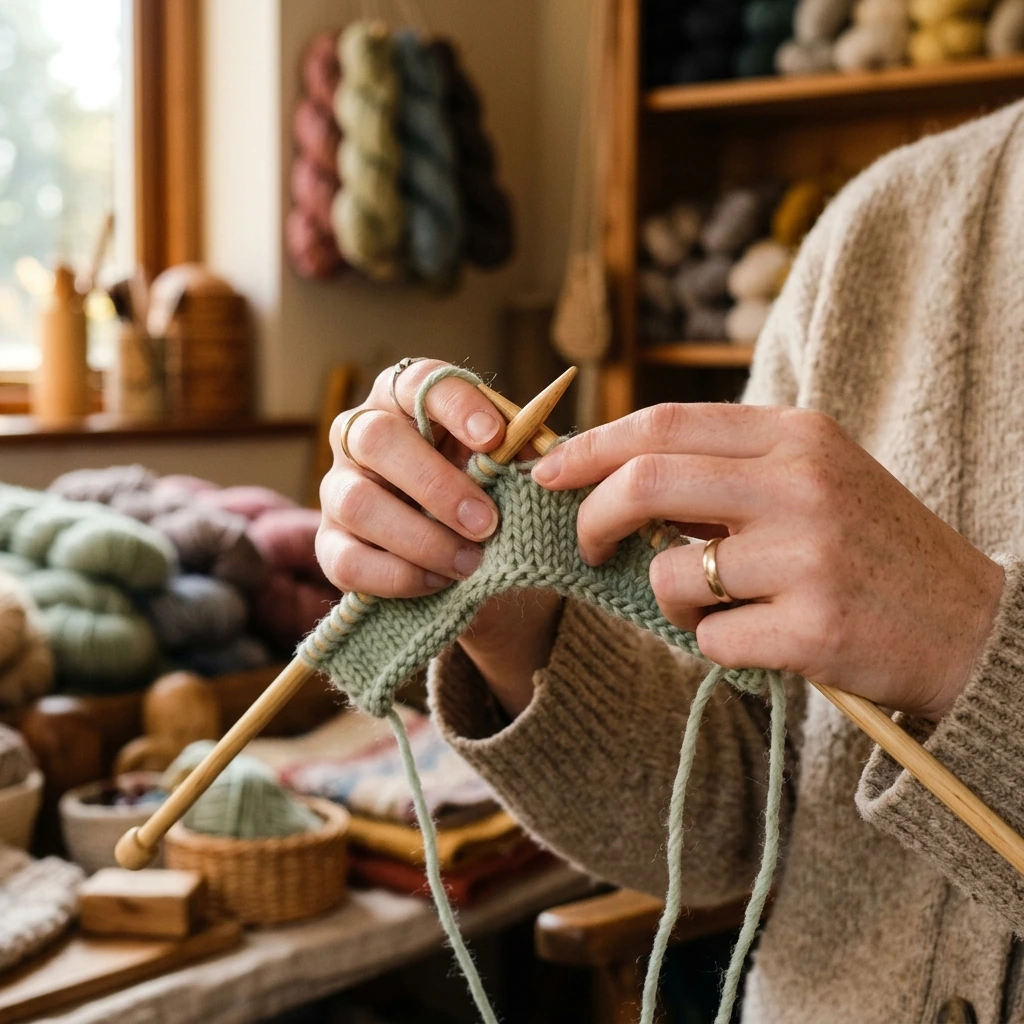 Beginner knitting class student holding bamboo needles and soft sage merino wool yarn