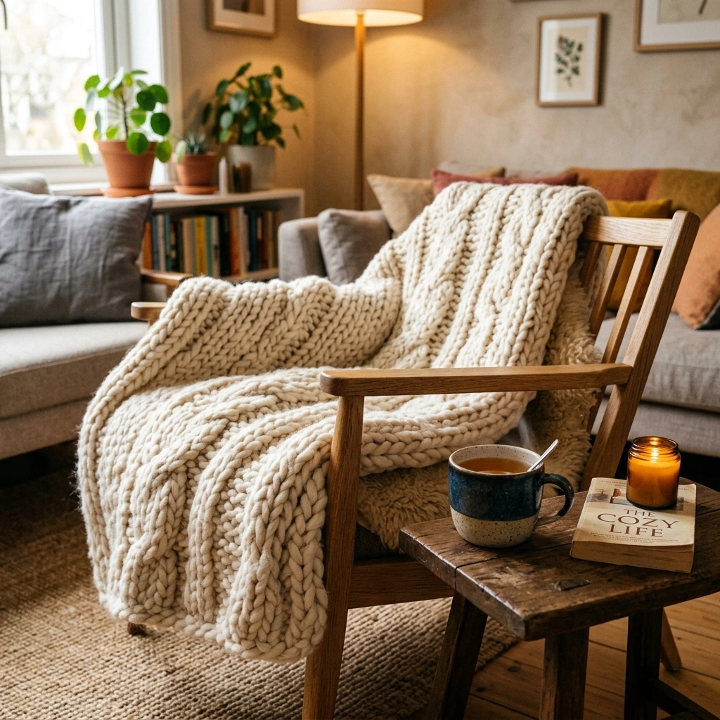 Cozy hand-knitted chunky wool blanket draped on armchair