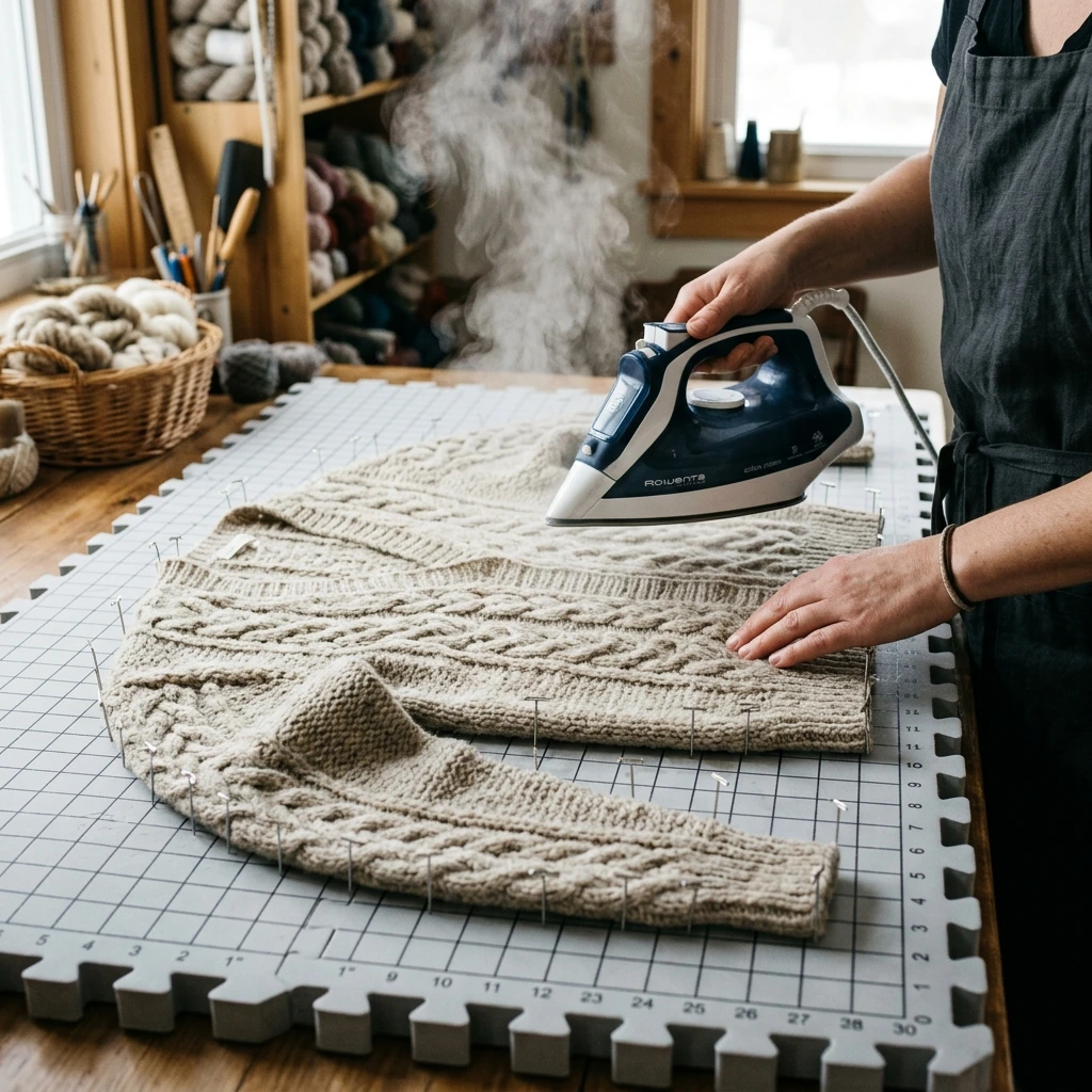 Professional steam blocking and finishing of a hand-knitted garment