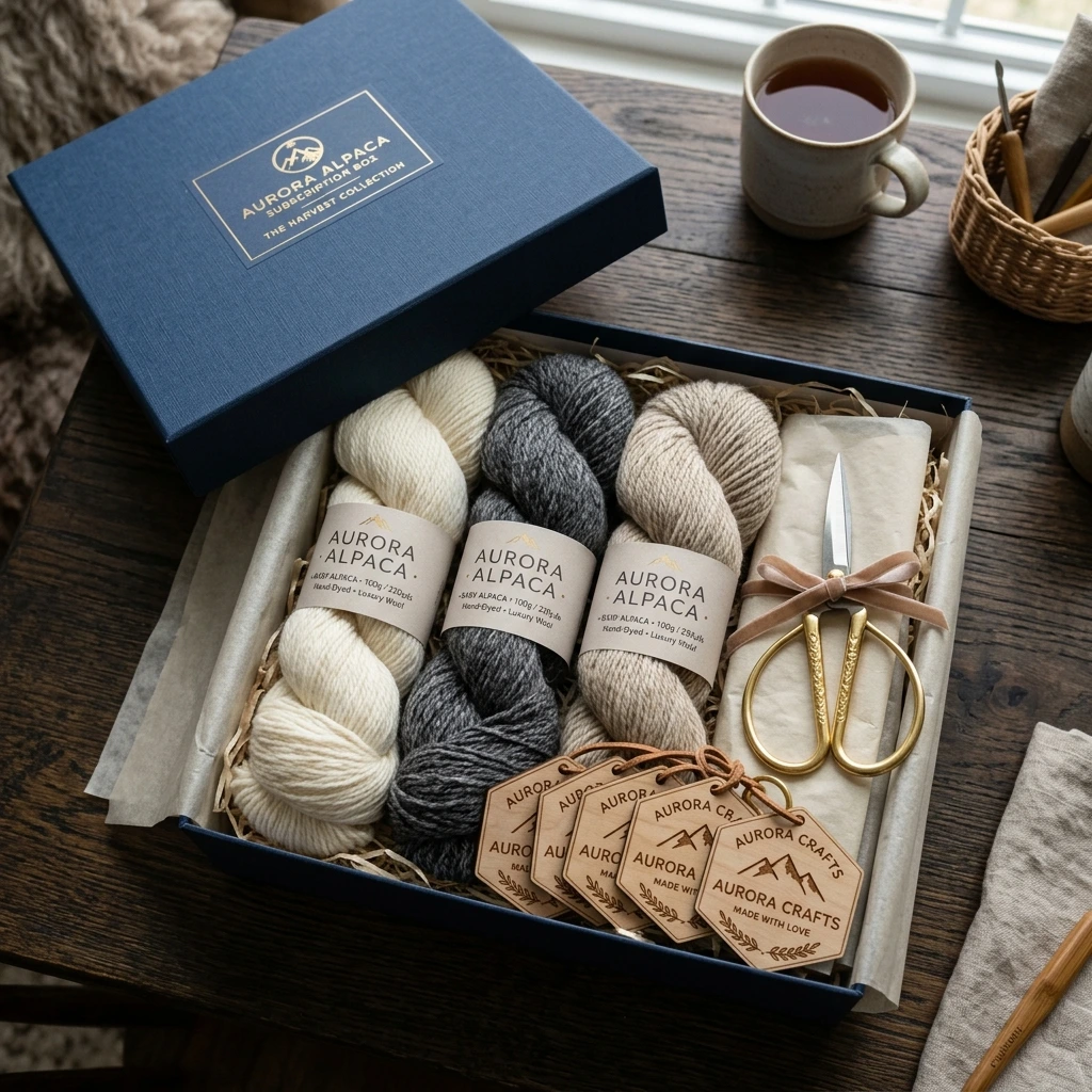 VIP luxury craft membership box with alpaca yarn and brass scissors